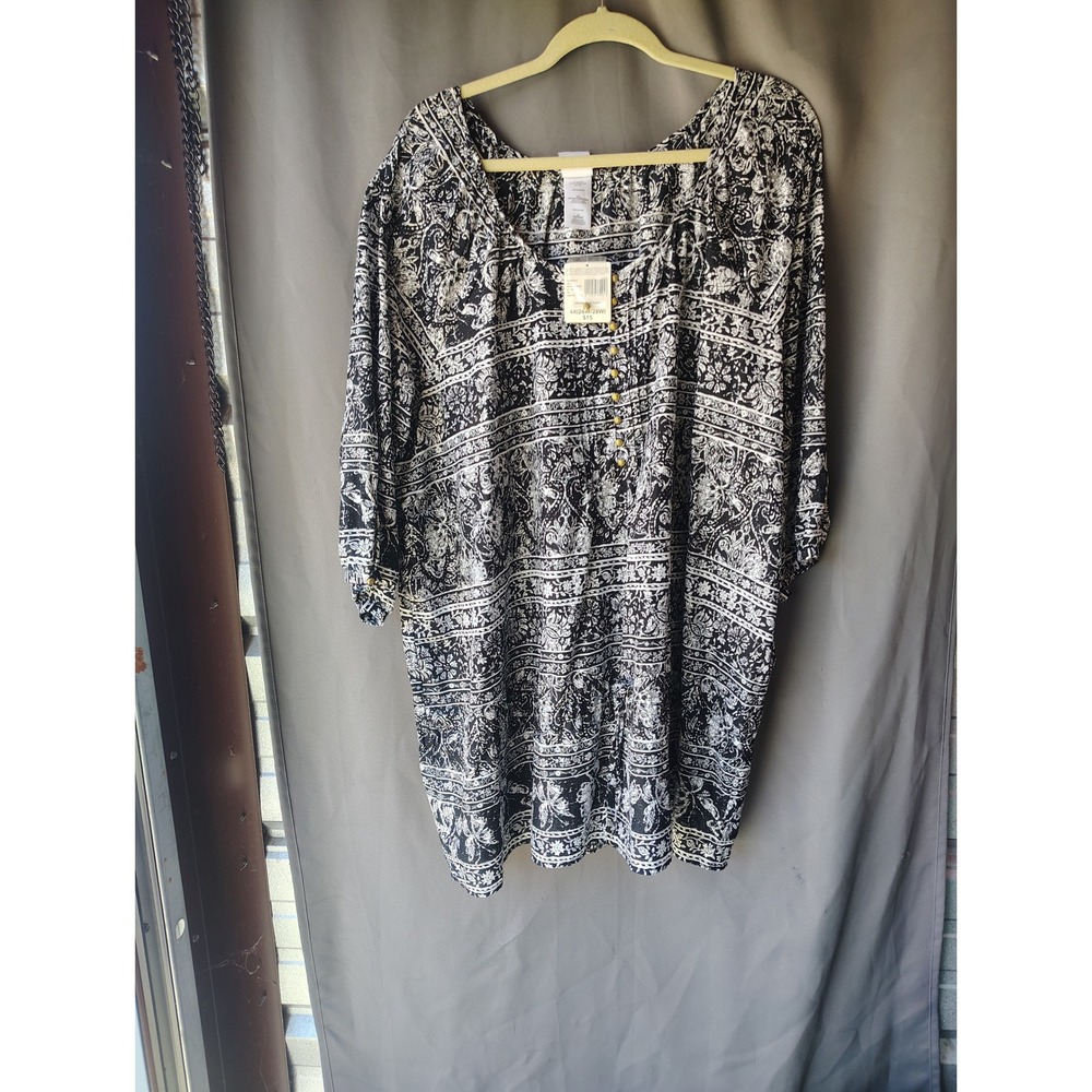 Just My Size 4X 26W 28W Black White Floral Ebony Print Drawstring Tunic NEW